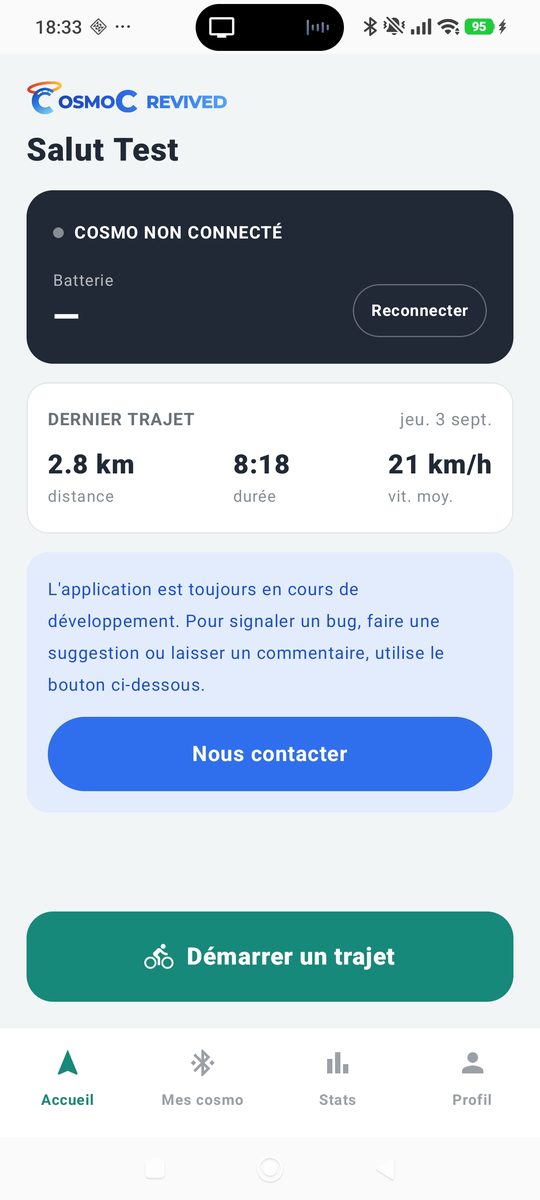 Écran d'accueil : dernier trajet (2.8 km, 8:18, 21 km/h) et bouton Démarrer un trajet
